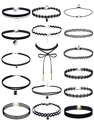 Mudder Choker Necklaces Set, Black, 16 Pieces