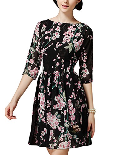 Allegra K Women 3/4 Sleeve Round Neck Floral Print Fully Lined Skater Dress