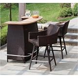 Santa Barbara Wicker Bar Set With Teak Top And Shelves
