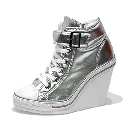 Amazon.com: Womens Silver Metallic Buckle Strap Wedge