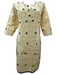Long Embroidered Kurti Tunics Beige with Black Floral Patches Cotton Kurta M