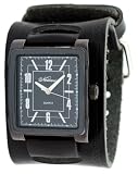 Nemesis #KIN053K Men's Premium Wide Leather Cuff Band Black IP Square Watch