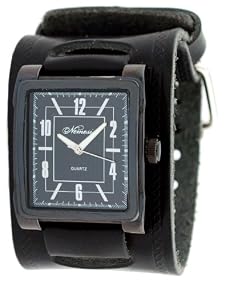Nemesis #KIN053K Men's Premium Wide Leather Cuff Band Black IP Square Watch