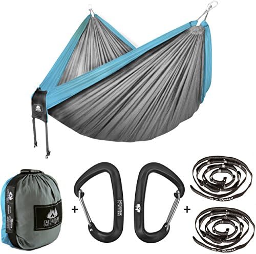 Castle Peak Outfitters XL Double Camping Hammock Swing With Straps And Premium Carabiners - Top Quality Parachute Nylon, Hanging Hammock For Sleeping, Bedroom, Yard, Outdoors (Blue/Grey Pkg)