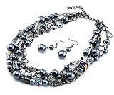 Faux Grey Pearl and Silvertone Chain Necklace Earrings Set Fashion Jewelry