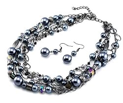 Faux Grey Pearl and Silvertone Chain Necklace Earrings Set Fashion Jewelry