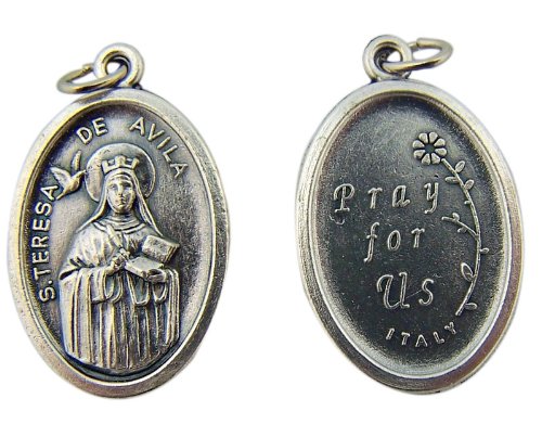 CB Made in Italy Catholic Keepsake Gift Silver Tone 1 Inch Saint St Teresa of Avila Pray for Us Medal Charm Pendant
