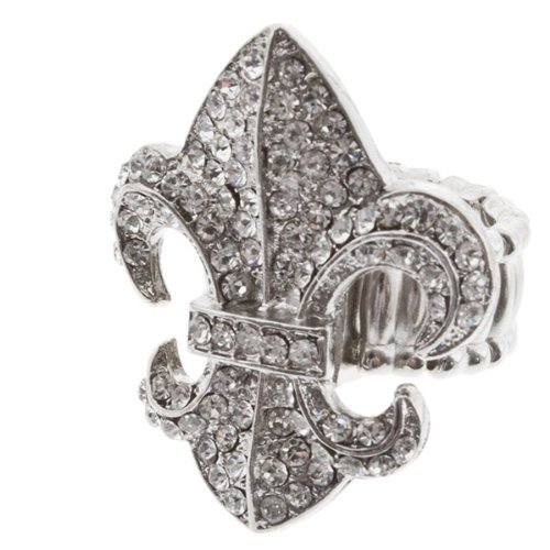 Silver Toned Stretch Band Ring with Crystal Rhinestones Surrounding the Fleur De Lis, New Orleans Saints
