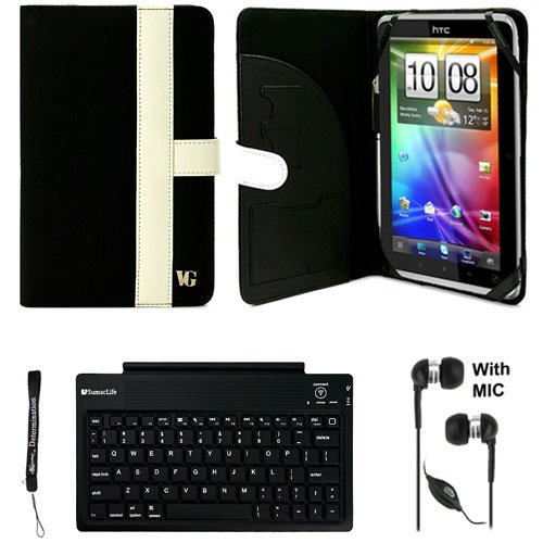 Black White Canvas Jacket Portfolio Cover Carrying Protective Case for HTC Flyer 3G WiFi HotSpot GPS 5MP 16GB Android OS AD2P 7 Inch Tablet Device + Includes a eBigValue (TM) Determination Hand Strap + Includes a Crystal Clear HD Noise Filter Handsfree wi