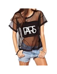 Apparel: Abody? Women Crop Tops Mesh See-through Letter Print Short Sleeve Loose T-shirt Blouse
