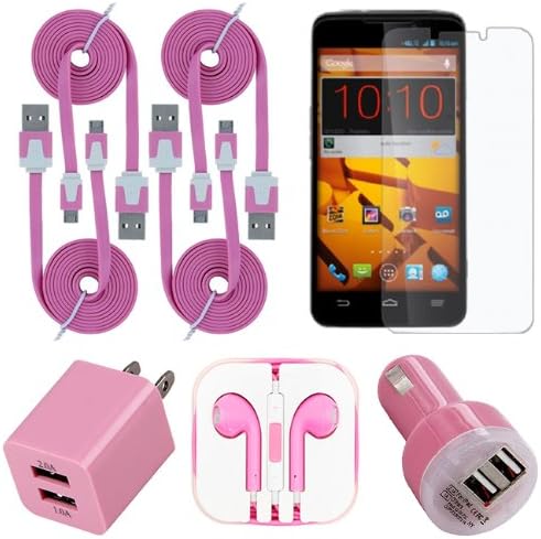 Boost Mobile ZTE Max Baby Pink Celkits-8 Original Bundle (Includes: 3amp Dual USB Car Plug, Dual USB Home Charger, HD Headset & Screen Guard)