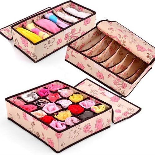 Washable Women flower Cloth Covered Boxes Lightsome Underwear Bra Pants Socks Storage Container (Set of 3)