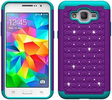 Grand Prime Case, Sophia Shop Hybrid Stud Rhinestone Bling Armor Defender Case Cover with Dazzling Diamond For Samsung Galaxy Grand Prime (Purple+Aqua)