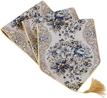 CosyDeal Classic Luxury Embroidery European Style Tassel Dining Manual Table Runners Sequined Lace Hotel Bed Coffee Table Runners (blue, 71"x11")