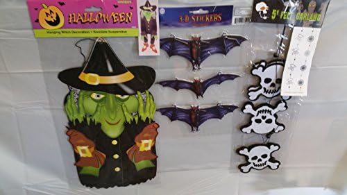 Bundle 3 Pieces Hanging Witch 5' of Garland Skolls 3 D Bat Stickers