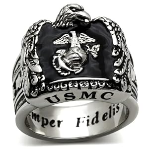 Isady - US Marines USMC - Chevalière Bague homme - Acier inoxydable - Email Noir - T 58