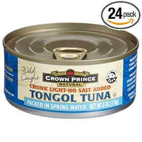 Crown Prince Natural Chunk Light Tongol Tuna in Spring Water (No Salt Added), 6-Ounce Cans (Pack of 24)
