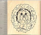 Christmas Wreath with Maltese Dog Rubber Stamp - Wood Mounted