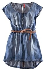 Round Neck Short Sleeves Belted Pleated Denim Cocktail  Dress