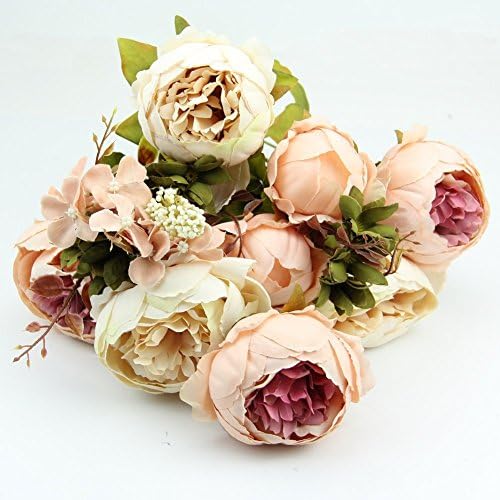 Powerhone 1 Bouquet of 10 Head Vintage Artificial Peony Silk Flower Room Wedding Floral Decor DIY (Beige+Pink)