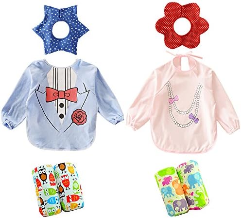 GreatGiving(TM) 2pcs Long Sleeve Cotton Baby Boy Girl Bibs Waterproof + 2pcs 360-degree Cotton Baby Bandana Dribble Bibs Star Flower Design + 2 Pairs Cotton Waterproof Sleeve Protector (pink &amp; blue)