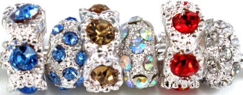 Pandora Style Six (6) Piece Charm Bead Set with Colored Cubic Zirconia Exact Assortment as Shown (CZ102)
