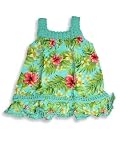 Hula Bay - Girls Hand Crochette Trimmed Printed Rayon Sundress, Aqua, Green