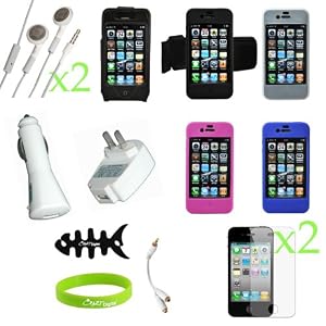 CrazyOnDigital Accessories Case Charger Screen Protector Kit 16 Items Combo Pack for New Apple iPhone 4 4G HD 16GB 32GB Wireless Cell Phone