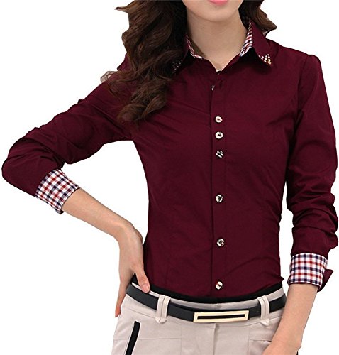 Women's Career Long Sleeve Rivets Collar Button Up Blouse Shirt Top