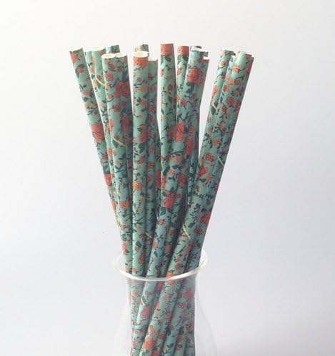 Heart Love 75 Pack Floral Blue Rose Pattern Paper Drinking Straws Creative Drinking Straw for Wedding Party Festival