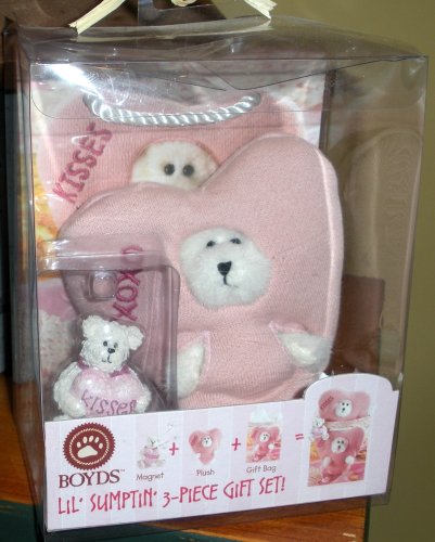 Boyds Bear Valentine Gift Set, Resin Magnet, BOYDS Bear Stuffed "KISSES" heart and Gift Bag