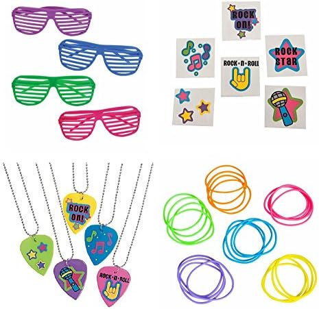 12 Shutter Shade Glasses, 36 Rock Star Tattoos, 12 Guitar Pick Necklaces, & 144 Neon Jelly Bracelets