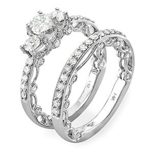 1.65 Carat (ctw) 14k White Gold Round Diamond Ladies Bridal Ring Engagement Set Matching Wedding Band (Size 7)