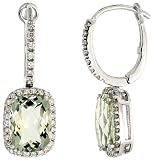 14k White Gold 1 (25mm) tall Earrings, w/ 0.36 Carat Round Top Light Brown Diamonds & 3.65 Carats Green Amethyst Stones