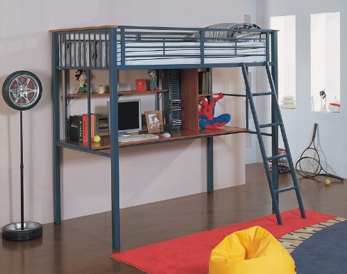Kid's Twin Size Blue Metal Workstation Bunk Loft Bed with Storage