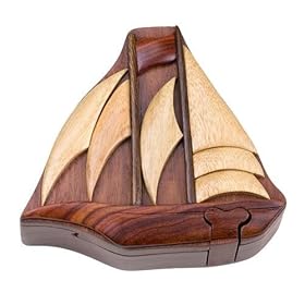  Intarsia Hand Carved Wood Trinket / Jewelry Box - Ship
