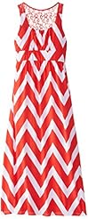 Girls Scoop Neck Chevron Print Empire   Waistline Lace Belted Polyester/Spandex Maxi Dress 