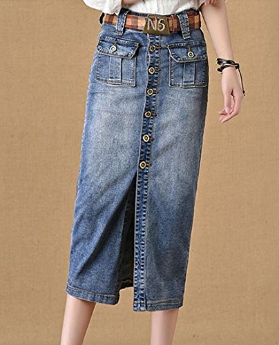 (ALLURE) デニム ロング ペンシル スカート フロントボタン レトロ ヴィンテージ風 AF0510