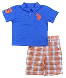 US Polo Assn Infant Boys Royal Blue & Orange Plaid Short Set (12M)