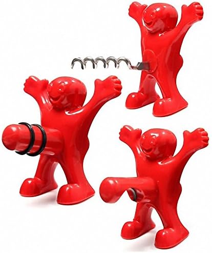 PULAISEN Wine Stopper and Beer Opener Set, Includes Three Cute Red Creative Happy Men of Novelty Bottle Opener, Corkscrew and Stopper (3 set Red)