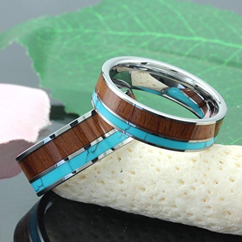 Tungsten Turquoise Hawaiian Koa Wood Ring Wedding Engagement Band for Men Women Couples ... (10)