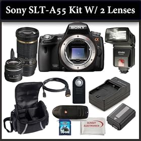 Sony SLT-A55 Digital Camera Kit Includes: Sony SLT-A55 Camera, Tamron Telephoto SP AF 180mm f/3.5 Di LD IF Macro Autofocus Lens, Sony SAL-1855 18-55mm f/3.5-5.6 DT AF Zoom Lens, Bower SFD328 Digital Slave Flash, Extended Life Battery, Rapid Travel Charger, HDMI Cable, 16GB SDHC Memory Card, Memory C
