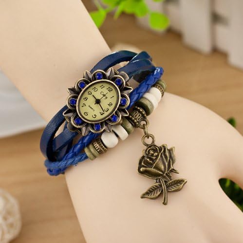JADE Olines Fans Charms Accessories Hand-made Leather Wooden & Metal Beeds Band Rose Bracelet Wrist Quartz Watch(Blue)