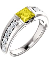 10K White Gold 5.00x5.00mm Princess Cut Yellow Sapphire and Diamond Ring -- LIFETIME WARRANTY