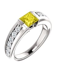 Platinum 5.00x5.00mm Princess Cut Yellow Sapphire and Diamond Ring -- LIFETIME WARRANTY