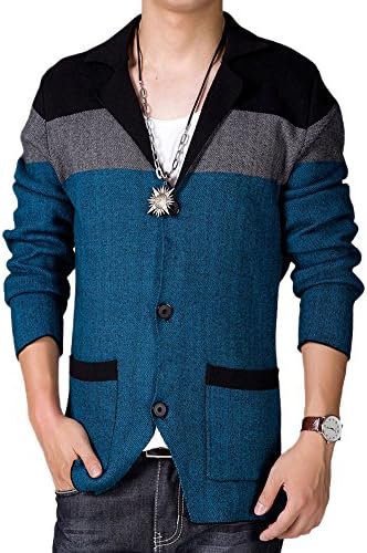 Xmenhere Men's Trendy Slim Color Block Contrast Long Sleeve v Neck Blazer Sweater Blue M