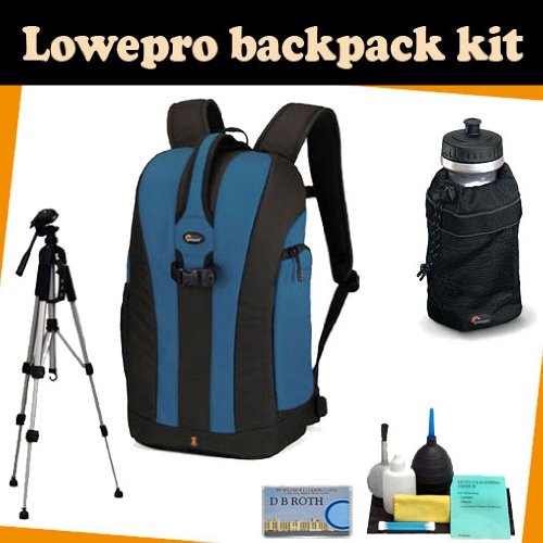 LowePro Backpack kit which includes the Lowepro Flipside 300 Backpack (Blue) + TR-60N Camera Tripod + Lowepro Mesh Water Bottle Bag for 32oz. Size Bottles + Camera lens Cleaning kit + DB ROTH Micro Fiber Cloth.