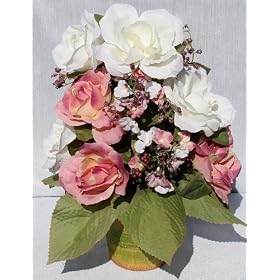 Cream and Mauve Silk Roses and Hydrangea Arrangement