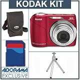 Kodak C190 12 Megapixel Zoom Digital Camera Kit, - Red - with 4 GB SD Memory Card, Camera Case, Table Top Tripod,