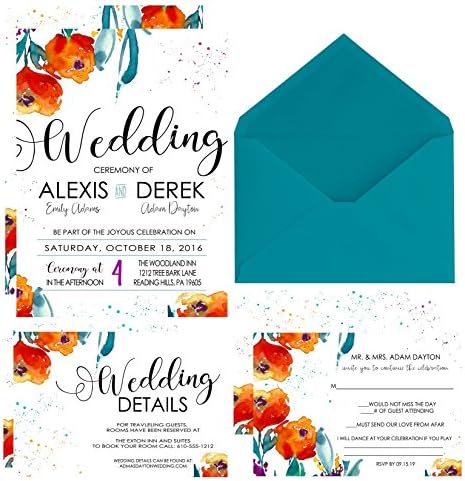 Exotic Bloom Wedding Invitation Kit Tangerine & Teal Watercolor Floral Garden, Luau, Mod Cereomony